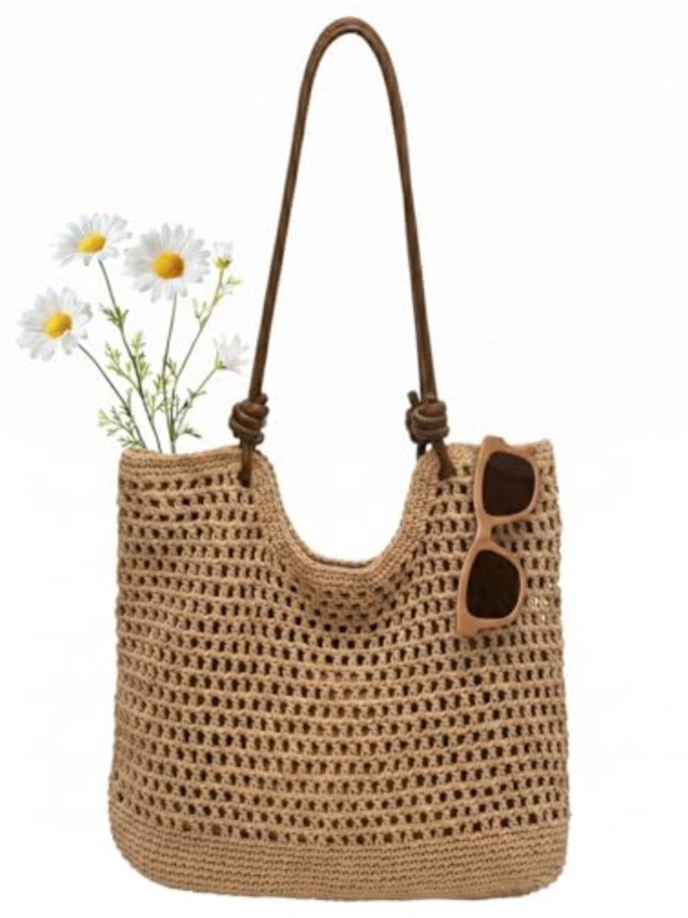 Crochet Mesh Beach Tote Bag Women Knit Boho Woven Hobo Bag Double Stitched PU